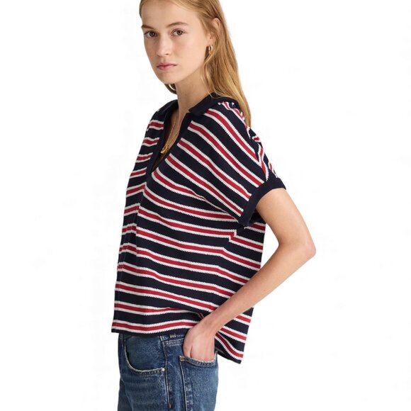 Madewell Relaxed V-Neck Polo Shirt in Stripe Size M - Picture 2 of 10
